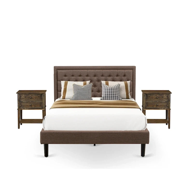 Ensemble de lit Queen Size East West Furniture - Cadre de lit, tête de lit marron, petite table de chevet - Pieds à finition noire ((Options de table de chevet)