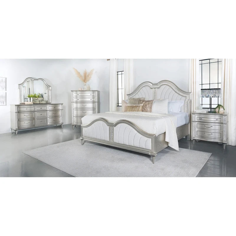 Ensemble de chambre à coucher Katerina ivoire et chêne argenté, 4 pièces, rembourré, plateforme