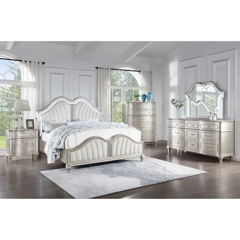 Ensemble de chambre à coucher Katerina ivoire et chêne argenté, 4 pièces, rembourré, plateforme