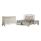 Ensemble lit plateforme 3 pièces Xian Glam en bois massif blanc avec table de chevet et commode et éclairage LED, par Furniture of America