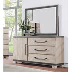 Lit à lattes en bois Arbela de Roundhill Furniture avec commode, miroir et deux tables de chevet, finition chêne vieilli
