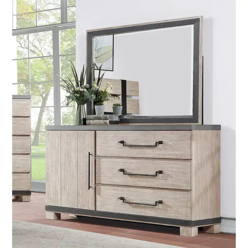 Lit à lattes en bois Arbela de Roundhill Furniture avec commode, miroir et deux tables de chevet, finition chêne vieilli