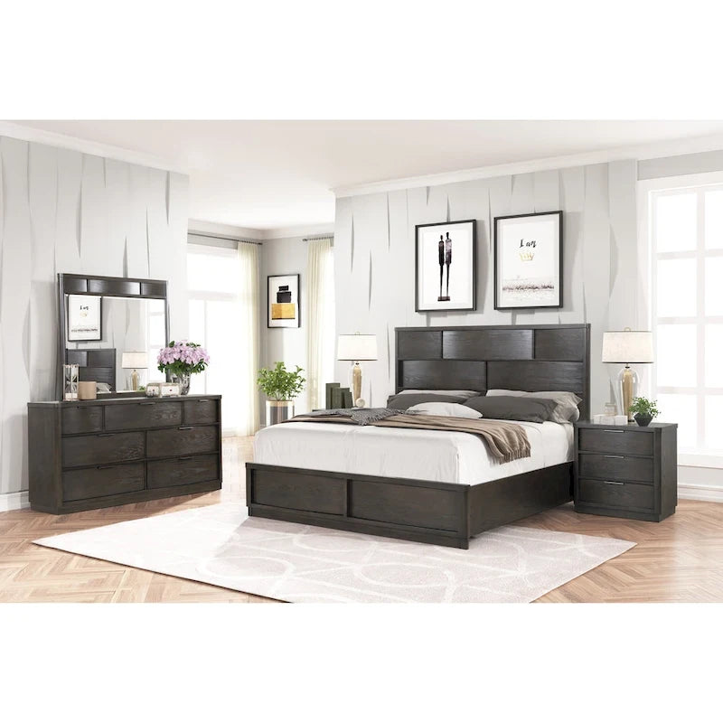 Ensemble de lit Roundhill Furniture Belani à panneaux de bois, comprenant un lit, une commode, un miroir, deux tables de chevet et un chiffonnier, couleur expresso