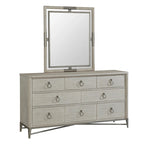 Ensemble de chambre à coucher Roundhill Furniture Mantalia en bois massif, comprenant un lit à panneaux, une commode, un miroir, deux tables de chevet et un banc, couleur champagne.