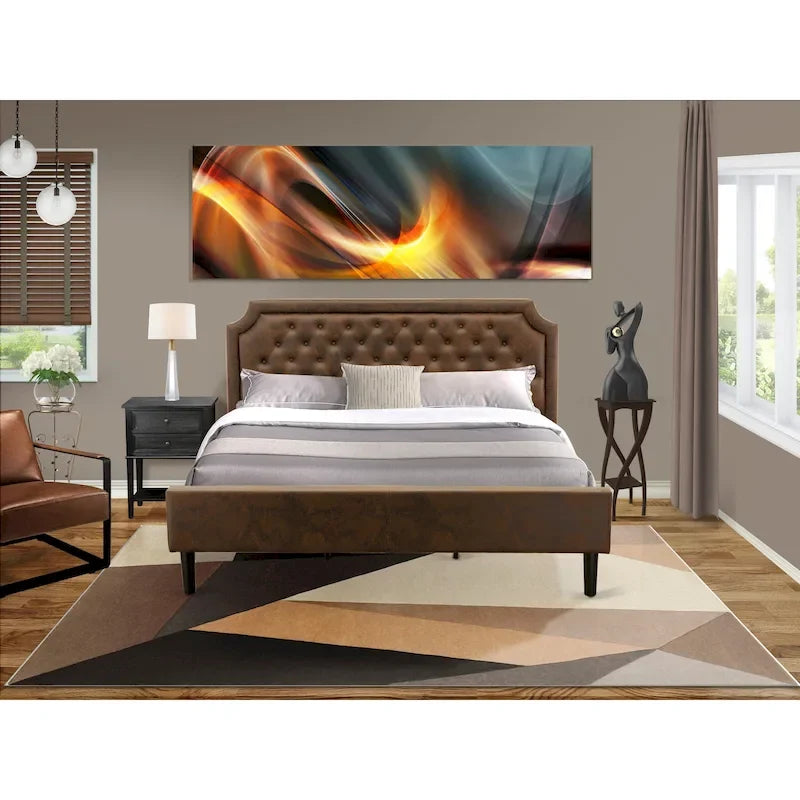 Ensemble de chambre à coucher 2 pièces King avec lit et table de chevet noire brossée - Cuir PU marron foncé et pieds noirs (taille de lit au choix)