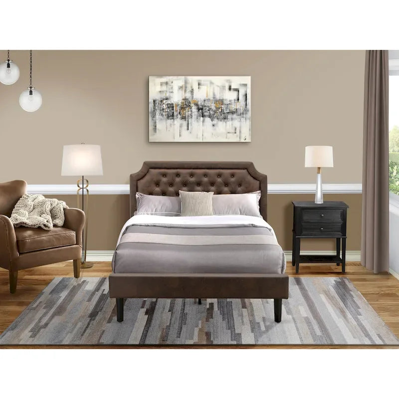 Set camera da letto King 2 pezzi con letto e comodino nero spazzolato a filo - Pelle PU marrone scuro e gambe nere (opzione dimensioni letto)
