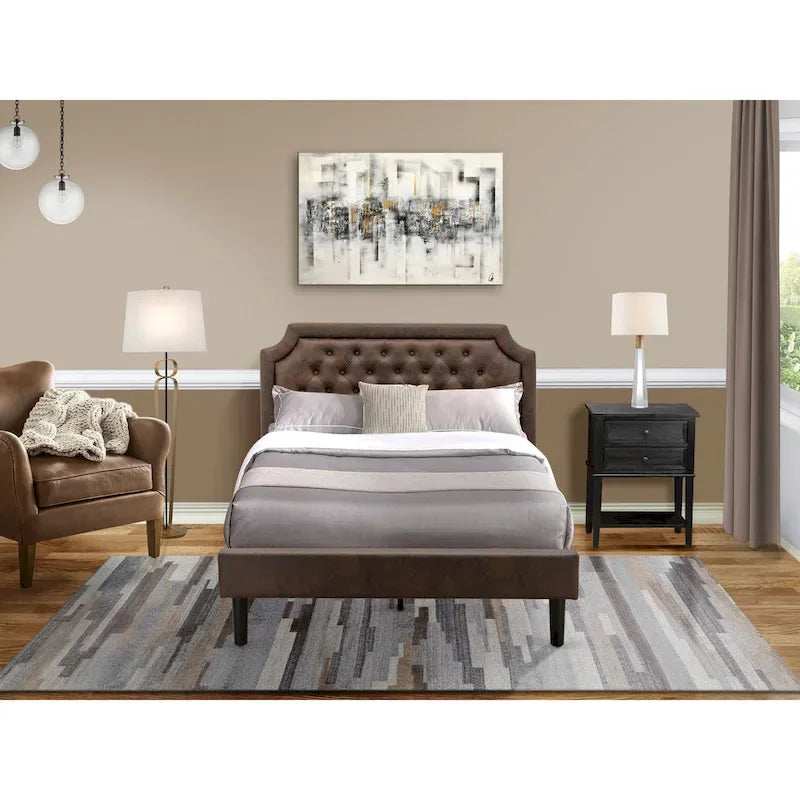2-Piece King Bedroom set with Bed and Wire Brushed Black End Table - Dark Brown Pu leather and Black Legs (Bed Size Option)