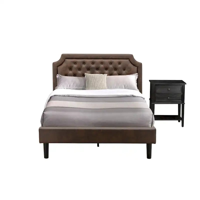 Ensemble de chambre à coucher 2 pièces King avec lit et table de chevet noire brossée - Cuir PU marron foncé et pieds noirs (taille de lit au choix)