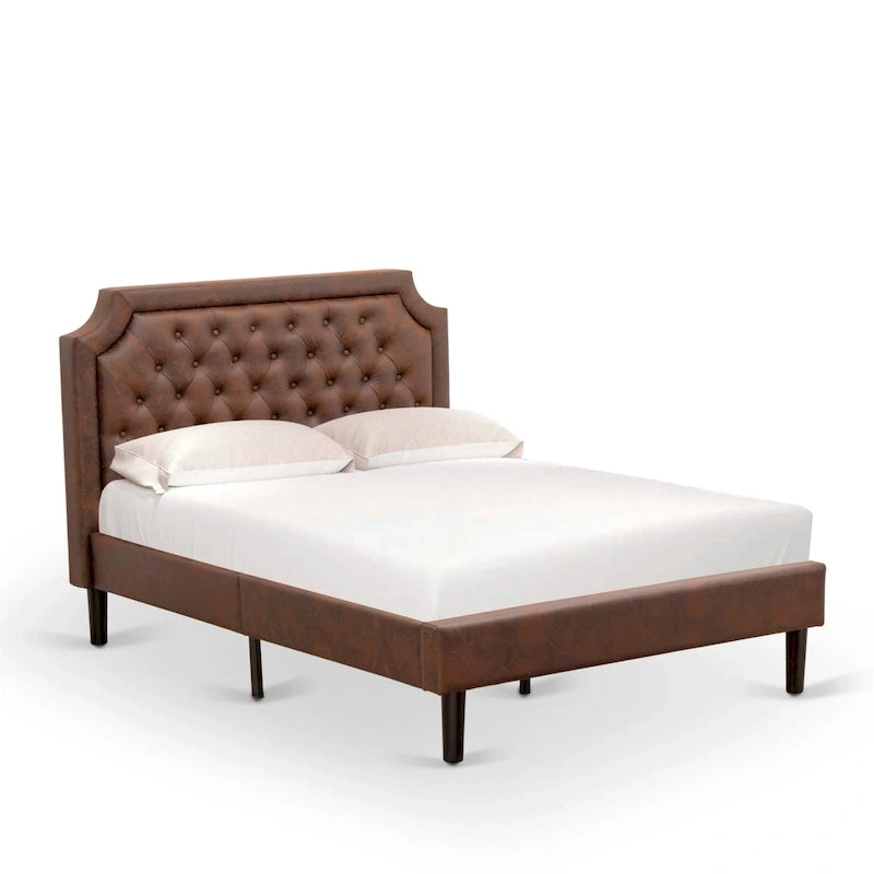Ensemble de chambre à coucher 2 pièces King avec lit et table de chevet noire brossée - Cuir PU marron foncé et pieds noirs (taille de lit au choix)