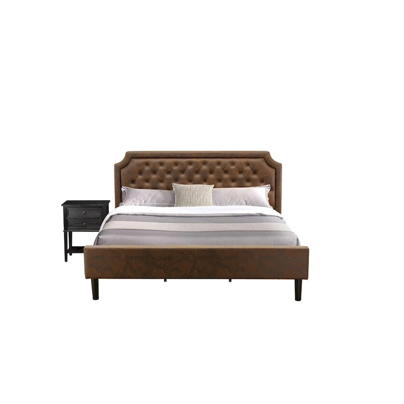 Ensemble de chambre à coucher 2 pièces King avec lit et table de chevet noire brossée - Cuir PU marron foncé et pieds noirs (taille de lit au choix)