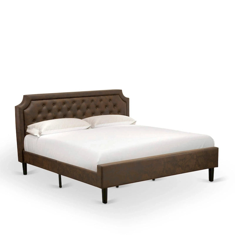 Ensemble de chambre à coucher 2 pièces King avec lit et table de chevet noire brossée - Cuir PU marron foncé et pieds noirs (taille de lit au choix)