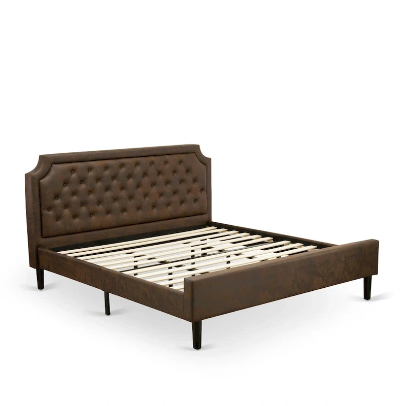 Ensemble de chambre à coucher 2 pièces King avec lit et table de chevet noire brossée - Cuir PU marron foncé et pieds noirs (taille de lit au choix)