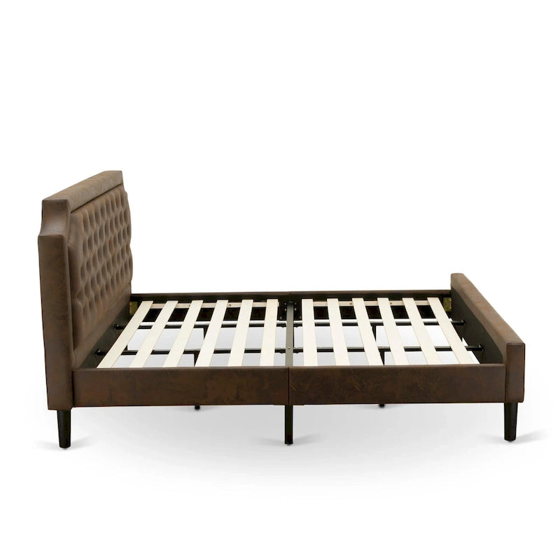 Ensemble de chambre à coucher 2 pièces King avec lit et table de chevet noire brossée - Cuir PU marron foncé et pieds noirs (taille de lit au choix)