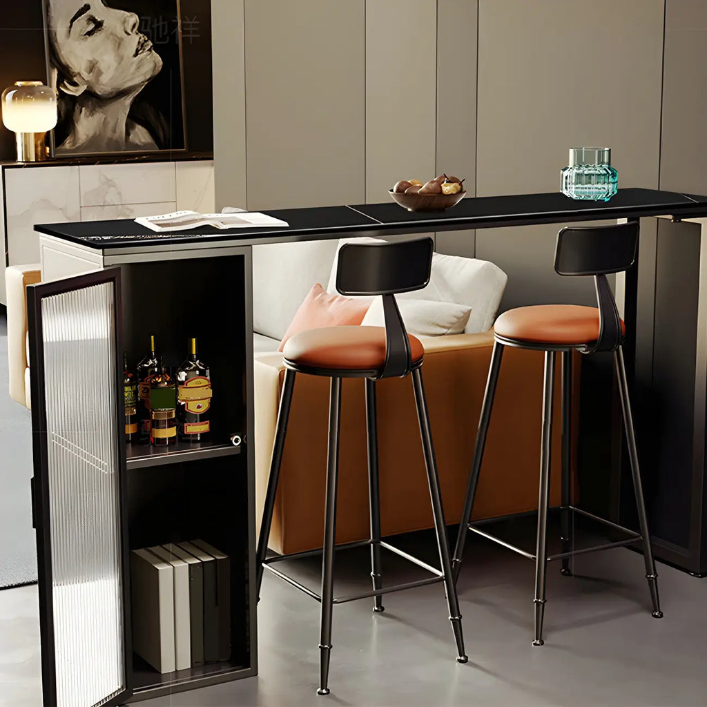 Tables de bar modernes en acier et pierre noire avec piédestal de rangement