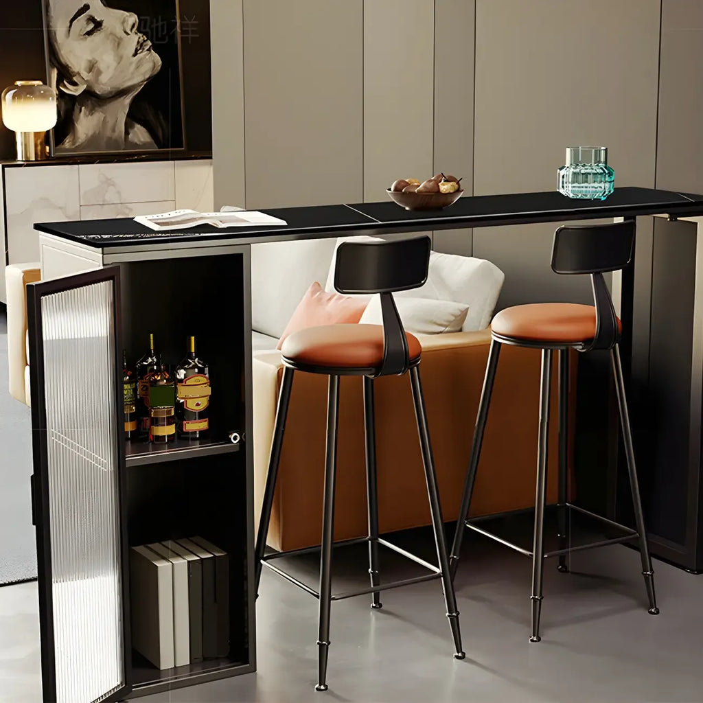 Tables de bar modernes en acier et pierre noire avec piédestal de rangement