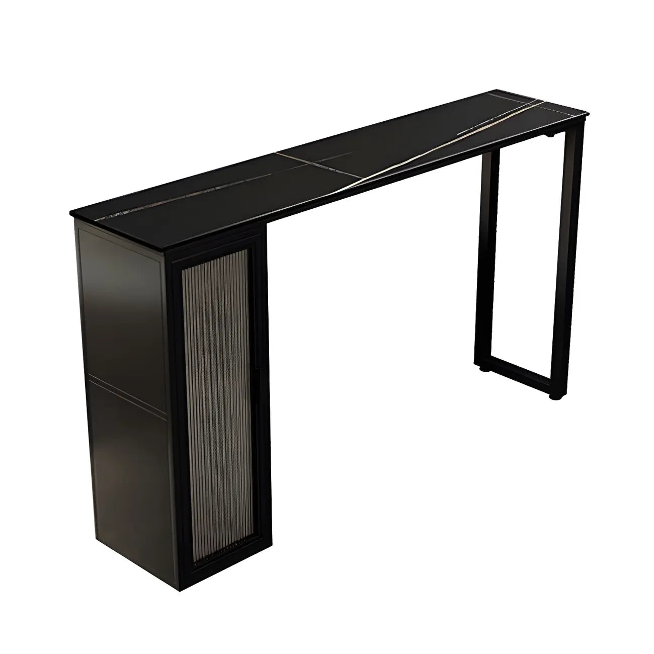 Tables de bar modernes en acier et pierre noire avec piédestal de rangement