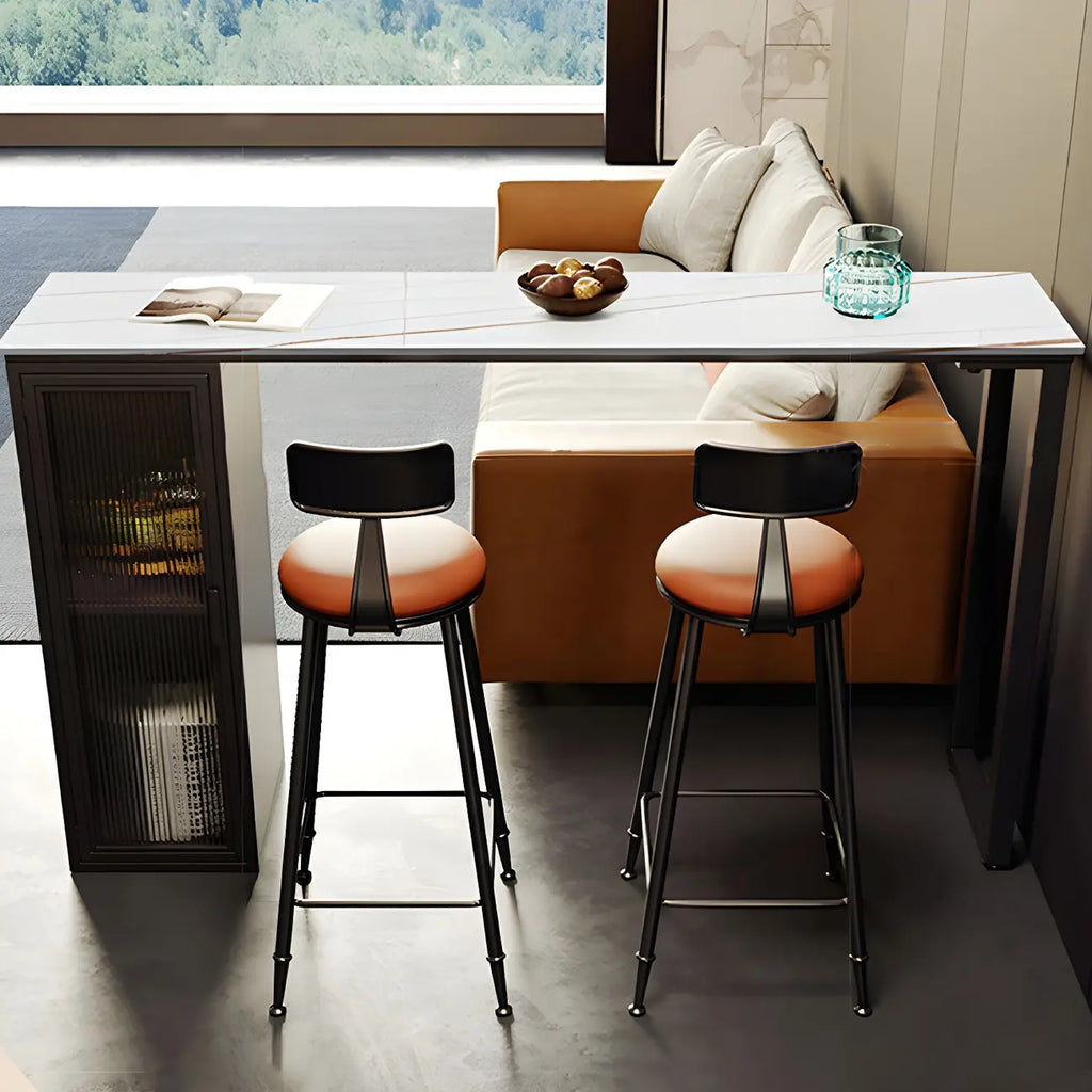 Tables de bar modernes en acier et pierre noire avec piédestal de rangement