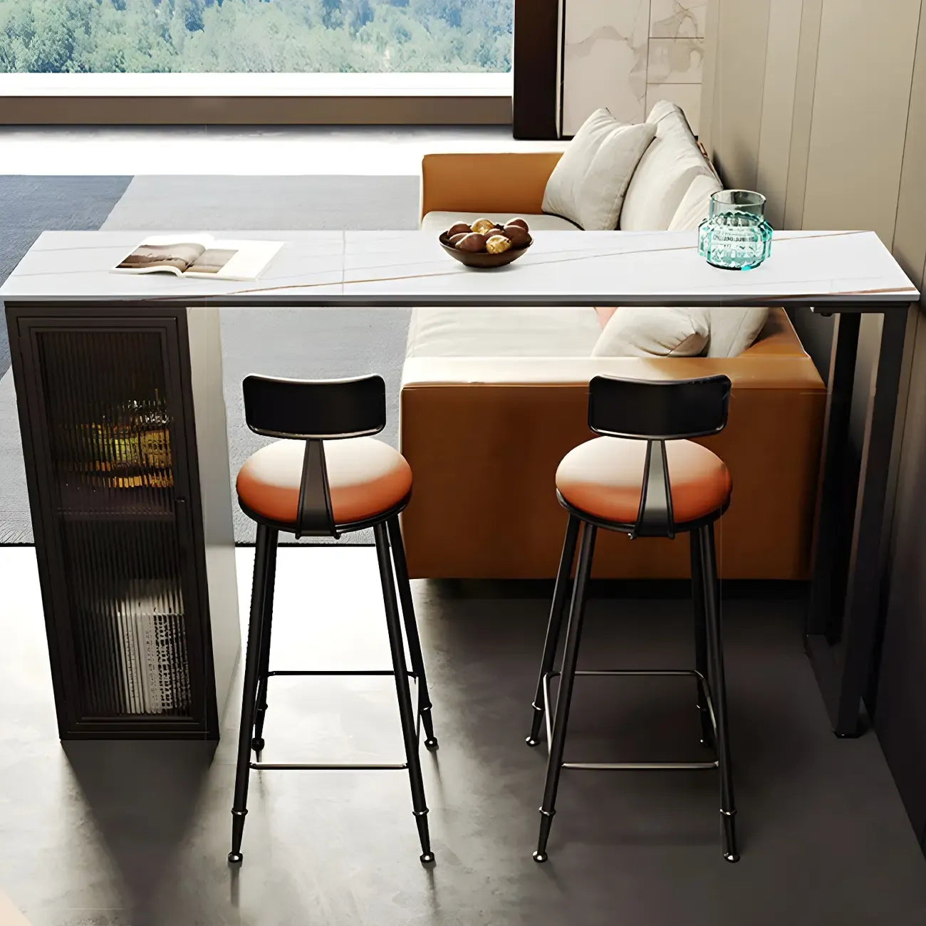 Tables de bar modernes en acier et pierre noire avec piédestal de rangement