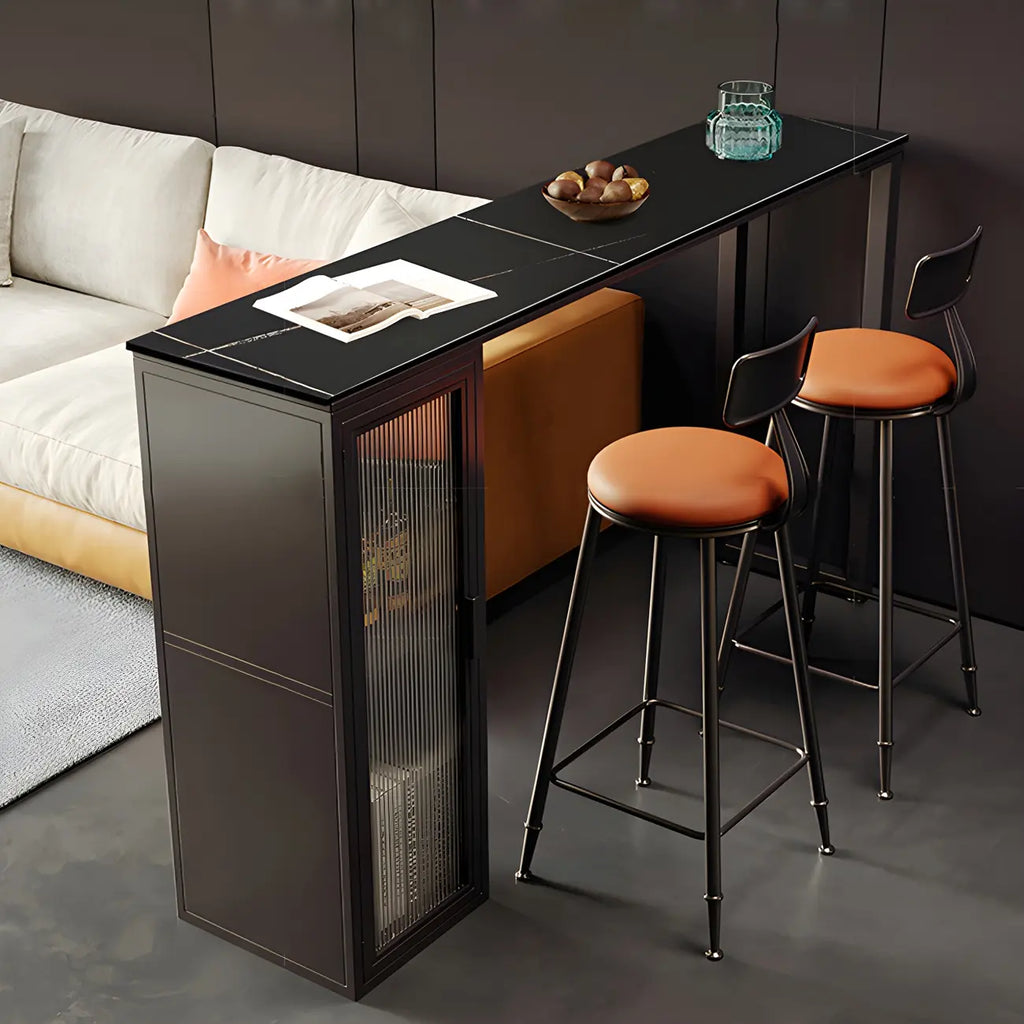 Tables de bar modernes en acier et pierre noire avec piédestal de rangement