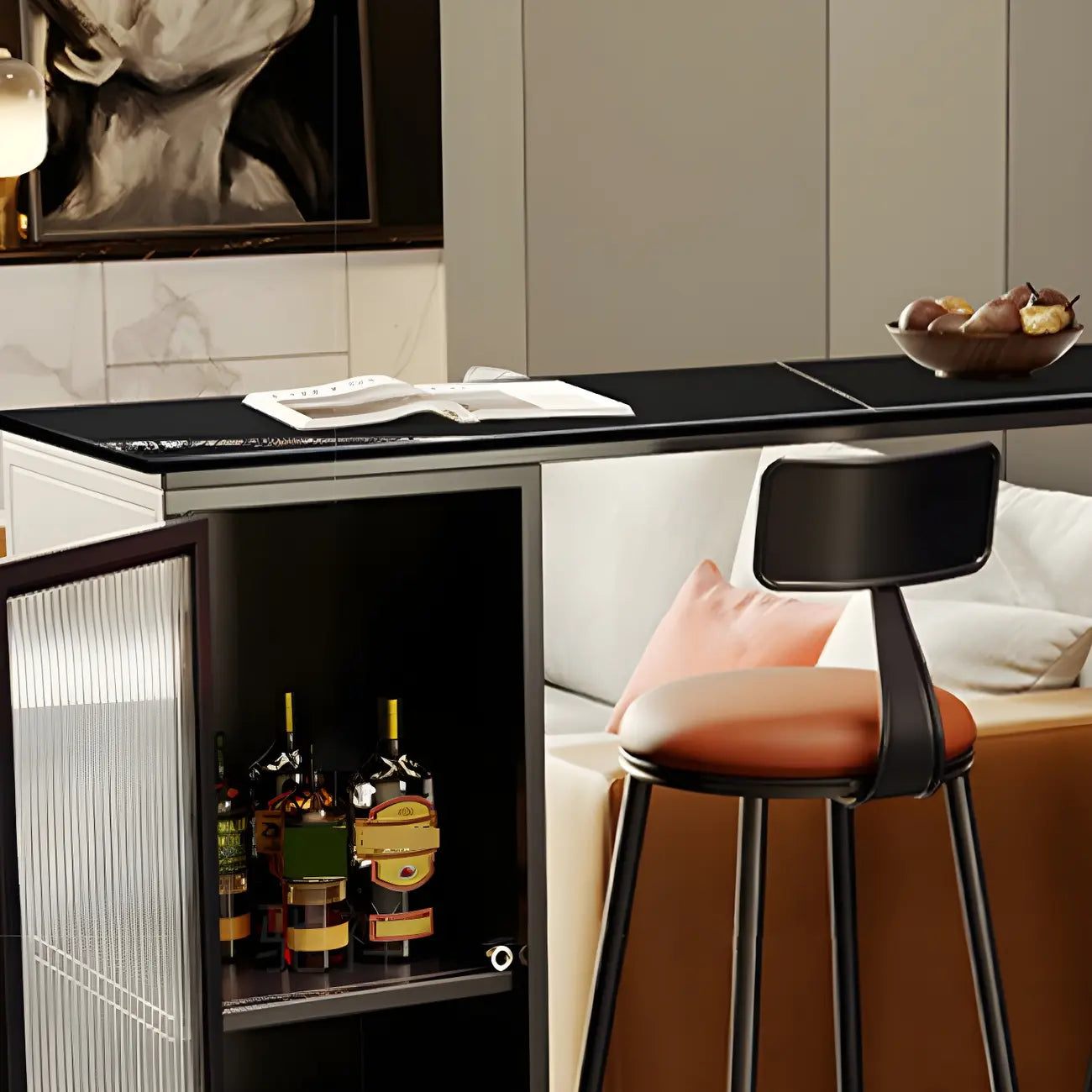 Tables de bar modernes en acier et pierre noire avec piédestal de rangement