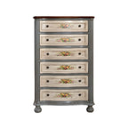 Commode vintage en bois gris à motif floral et 6 tiroirs pour la maison
