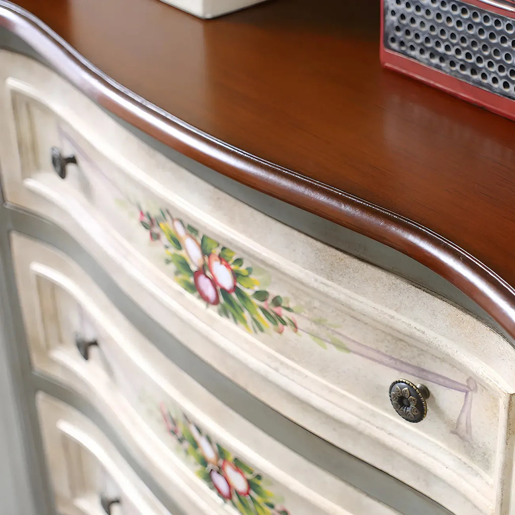 Commode vintage en bois gris à motif floral et 6 tiroirs pour la maison
