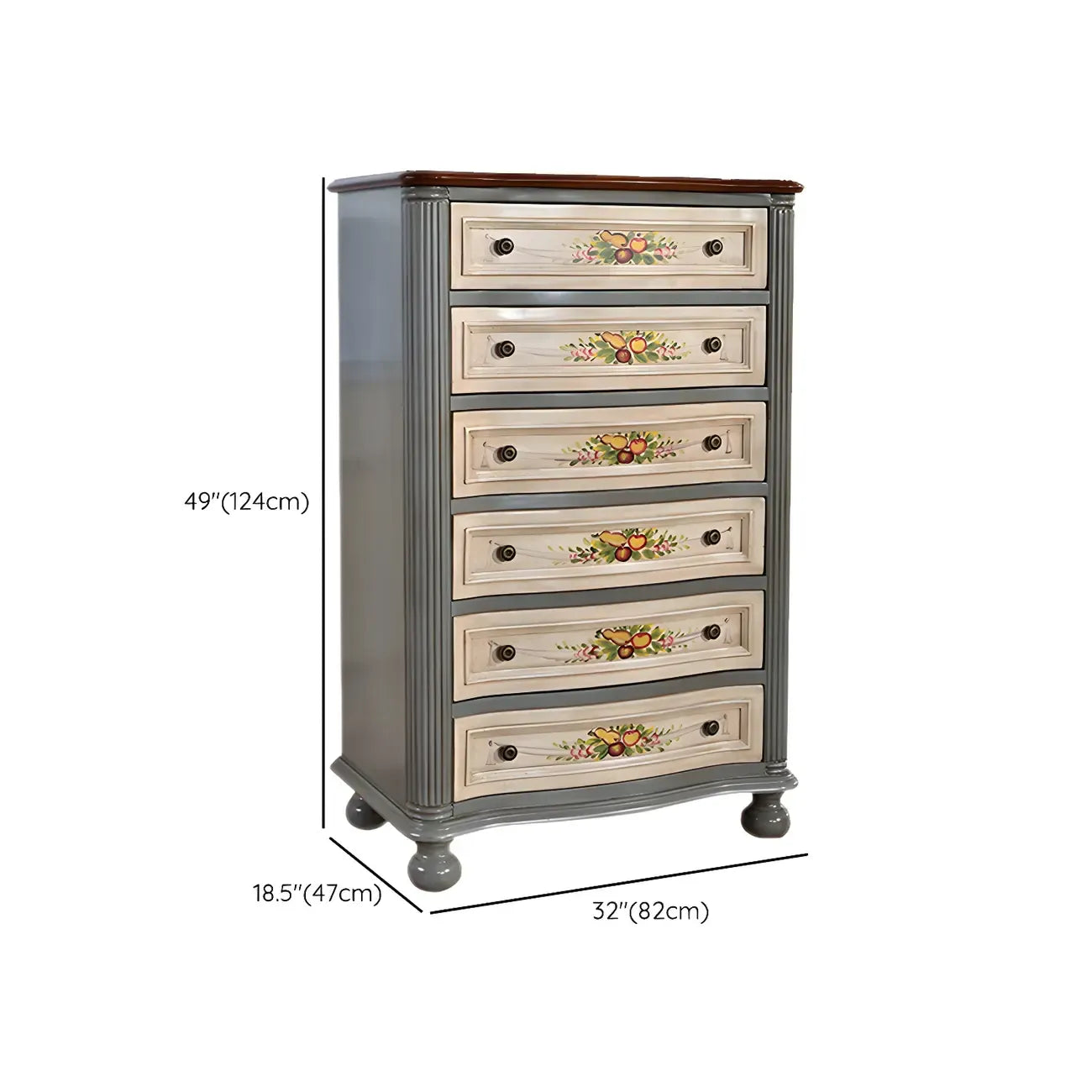 Commode vintage en bois gris à motif floral et 6 tiroirs pour la maison