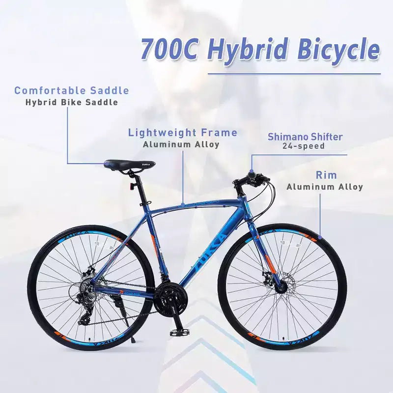 Vélo de route avec transmission 24 vitesses, vélo 700C avec freins à disque, cadre léger en alliage d'aluminium, vélo hybride de route