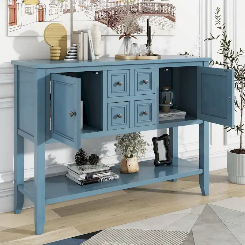 Console Vintage avec 4 Tiroirs et Étagère Inférieure