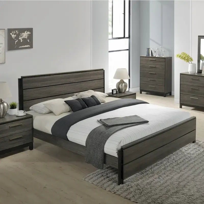 Ensemble de chambre à coucher Roundhill Furniture Ioana 187 en bois finition gris antique, comprenant un lit queen size, une commode, un miroir et une table de chevet.