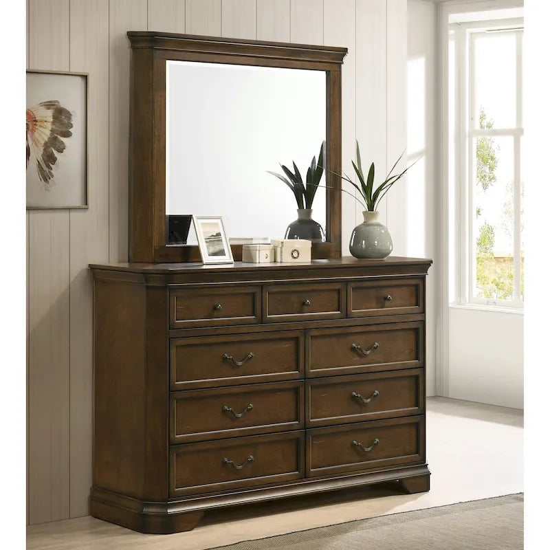 Lit traditionnel à panneaux de bois Maderne de Roundhill Furniture avec commode, miroir et table de chevet, finition noyer antique