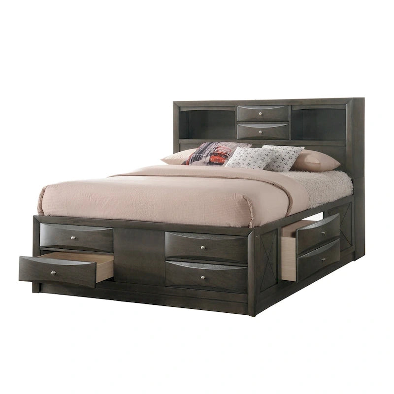 Ensemble de chambre à coucher Priscella 6 pièces en chêne gris avec plateforme de rangement