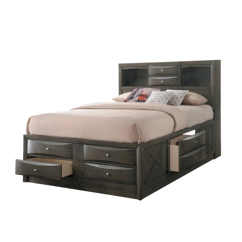 Ensemble de chambre à coucher Priscella 6 pièces en chêne gris avec plateforme de rangement