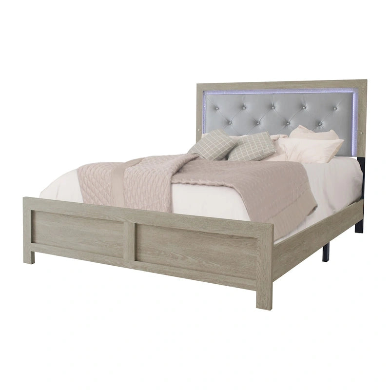 Ensemble de chambre à coucher Bernard 4 pièces crème avec éclairage LED, revêtement en similicuir et panneaux capitonnés