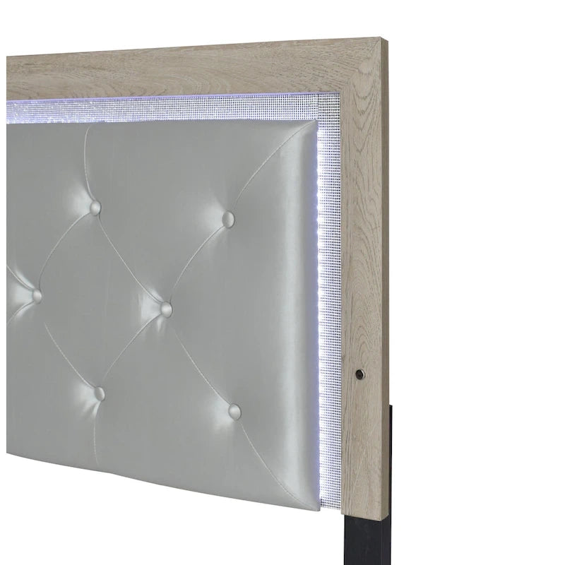 Ensemble de chambre à coucher Bernard 4 pièces crème avec éclairage LED, revêtement en similicuir et panneaux capitonnés