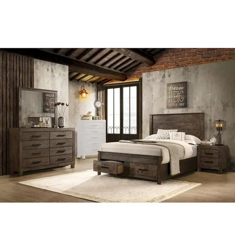 Ensemble de chambre à coucher avec plateforme California King en bois et rangement, couleur brun doré rustique