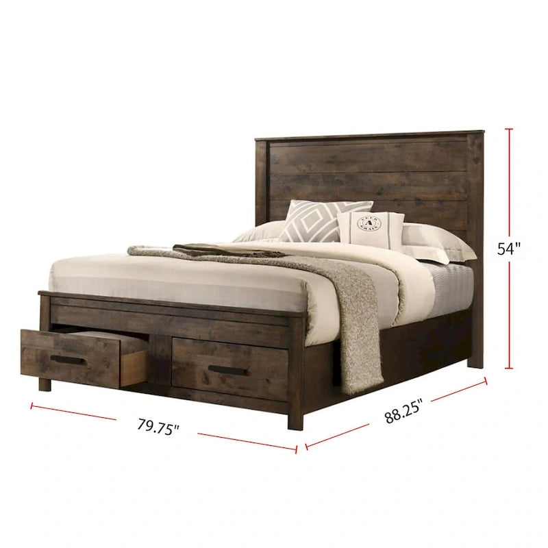 Ensemble de chambre à coucher avec plateforme California King en bois et rangement, couleur brun doré rustique
