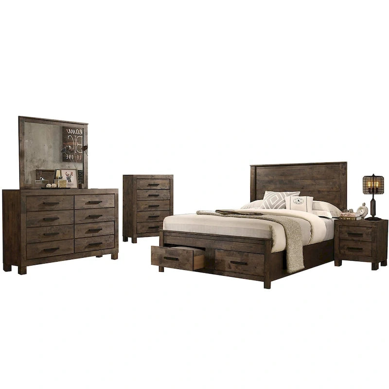 Ensemble de chambre à coucher avec plateforme California King en bois et rangement, couleur brun doré rustique