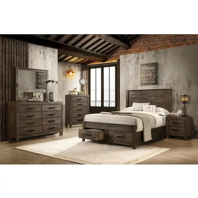 Ensemble de chambre à coucher avec plateforme California King en bois et rangement, couleur brun doré rustique