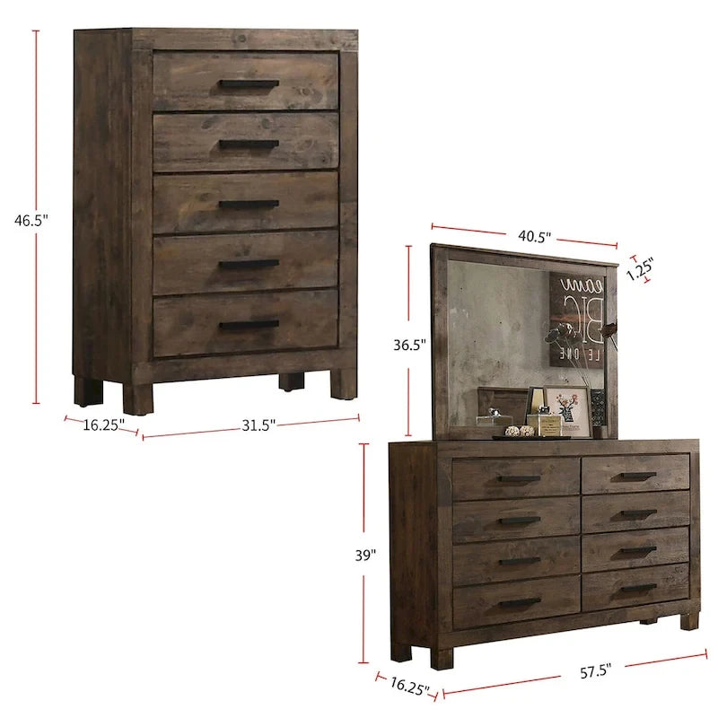 Ensemble de chambre à coucher avec plateforme California King en bois et rangement, couleur brun doré rustique