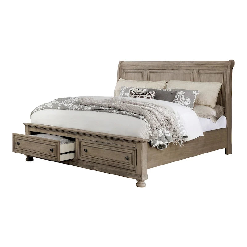 Ensemble lit traîneau, table de chevet et commode 3 pièces Nahkohe en bois gris transitionnel avec rangement et port USB par Carbon Loft