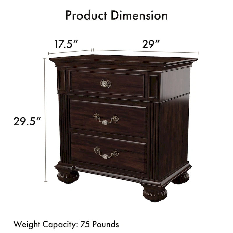 Ensemble de chambre à coucher traditionnel Vame en bois massif noyer, 3 pièces, par Furniture of America