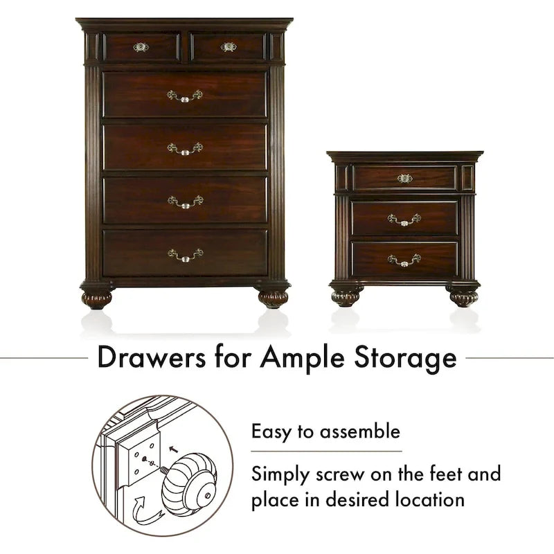 Ensemble de chambre à coucher traditionnel Vame en bois massif noyer, 3 pièces, par Furniture of America