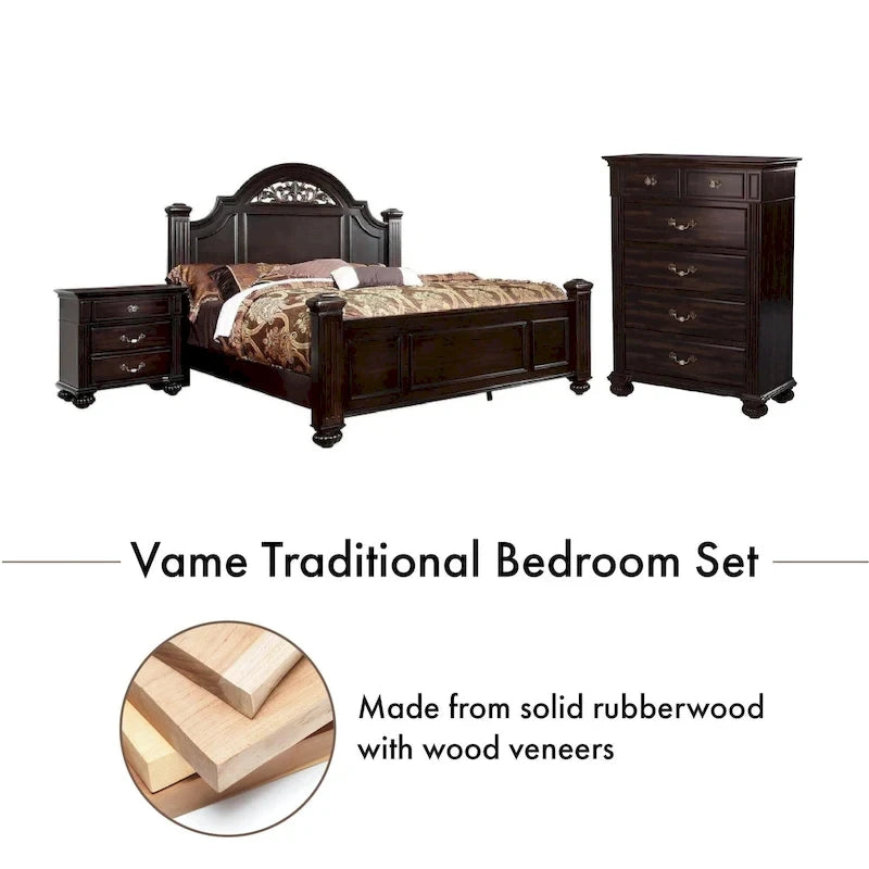 Ensemble de chambre à coucher traditionnel Vame en bois massif noyer, 3 pièces, par Furniture of America