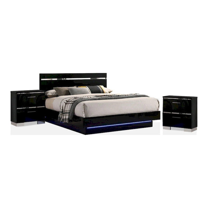 Ensemble lit 3 pièces Benvolio en bois noir contemporain avec éclairage LED et 2 tables de chevet dotées d'un port USB, par Furniture of America
