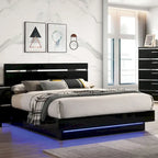 Ensemble lit 3 pièces Benvolio en bois noir contemporain avec éclairage LED et 2 tables de chevet dotées d'un port USB, par Furniture of America