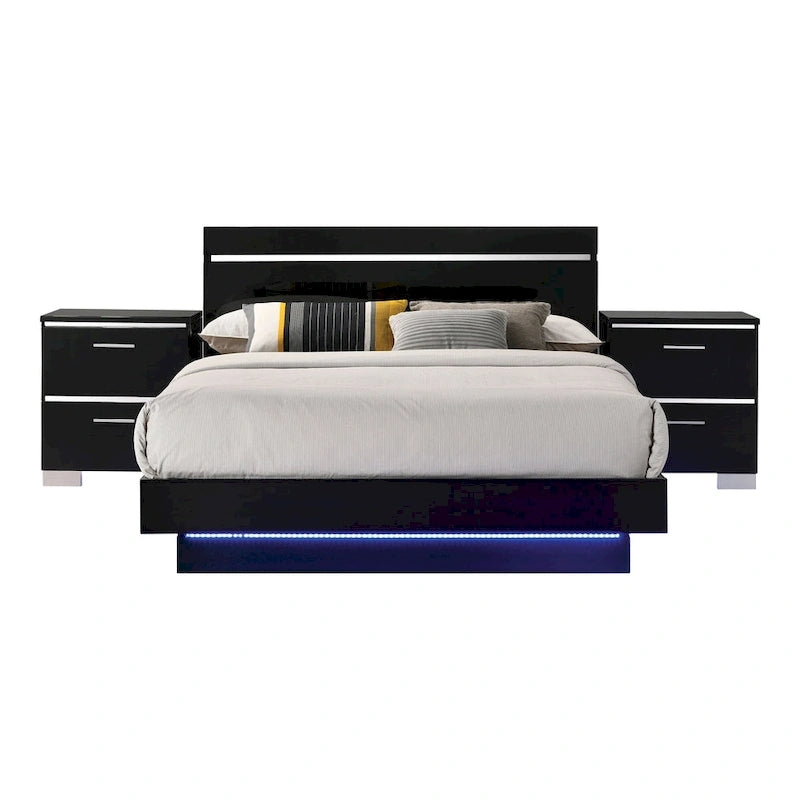 Ensemble lit 3 pièces Benvolio en bois noir contemporain avec éclairage LED et 2 tables de chevet dotées d'un port USB, par Furniture of America
