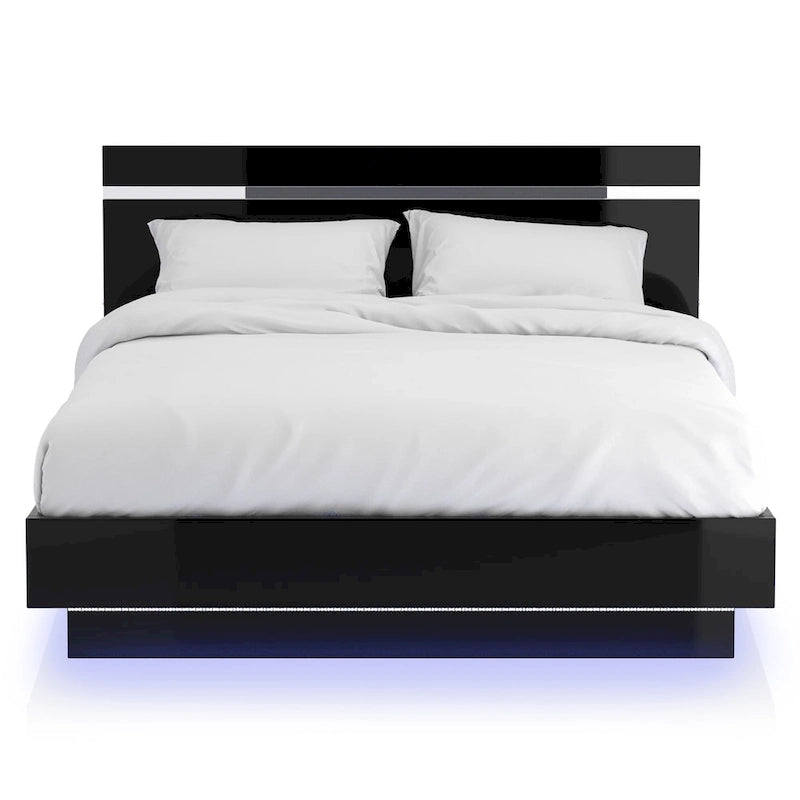 Ensemble lit 3 pièces Benvolio en bois noir contemporain avec éclairage LED et 2 tables de chevet dotées d'un port USB, par Furniture of America