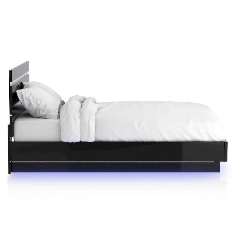 Ensemble lit 3 pièces Benvolio en bois noir contemporain avec éclairage LED et 2 tables de chevet dotées d'un port USB, par Furniture of America