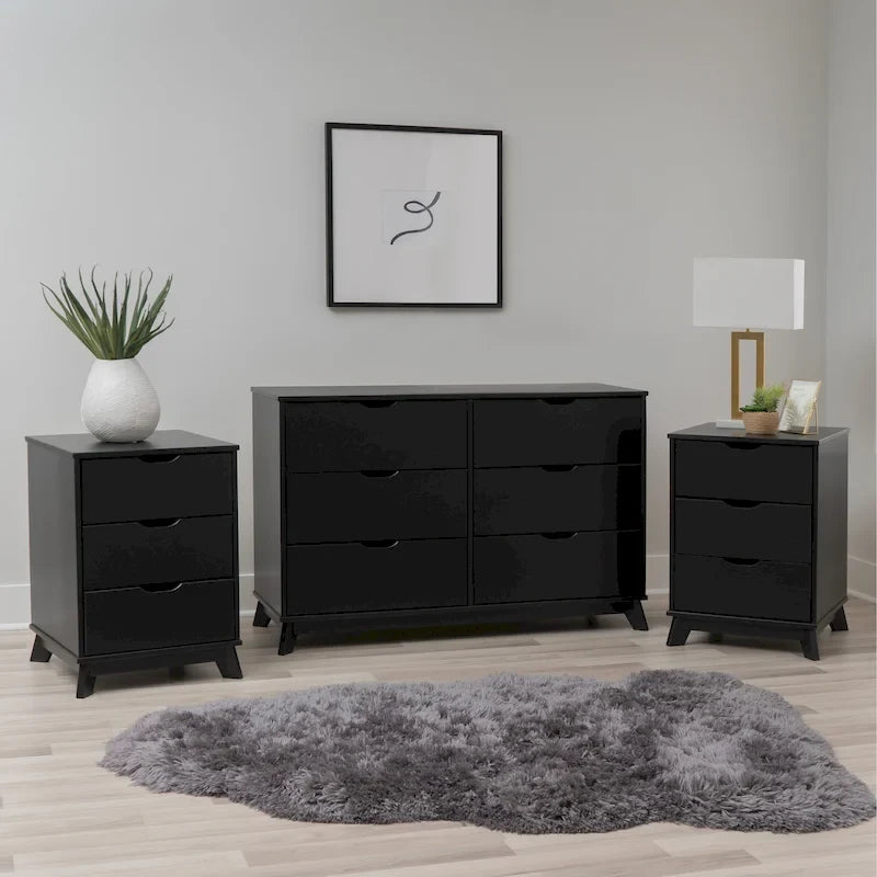 Ensemble de chambre à coucher 3 pièces en bois de pin Purcell avec commode à 6 tiroirs et tables de chevet à 3 tiroirs (ensemble de 2)